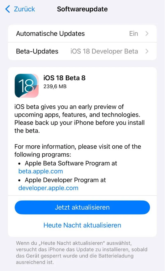 普安苹果手机维修分享苹果 iOS / iPadOS 18 开发者预览版 Beta 8 发布 